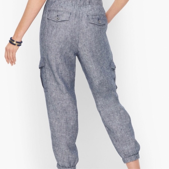 Talbots Linen Cargo Joggers MP Chambray Blue Pockets Pull On Lightweight Beach - Picture 2 of 13